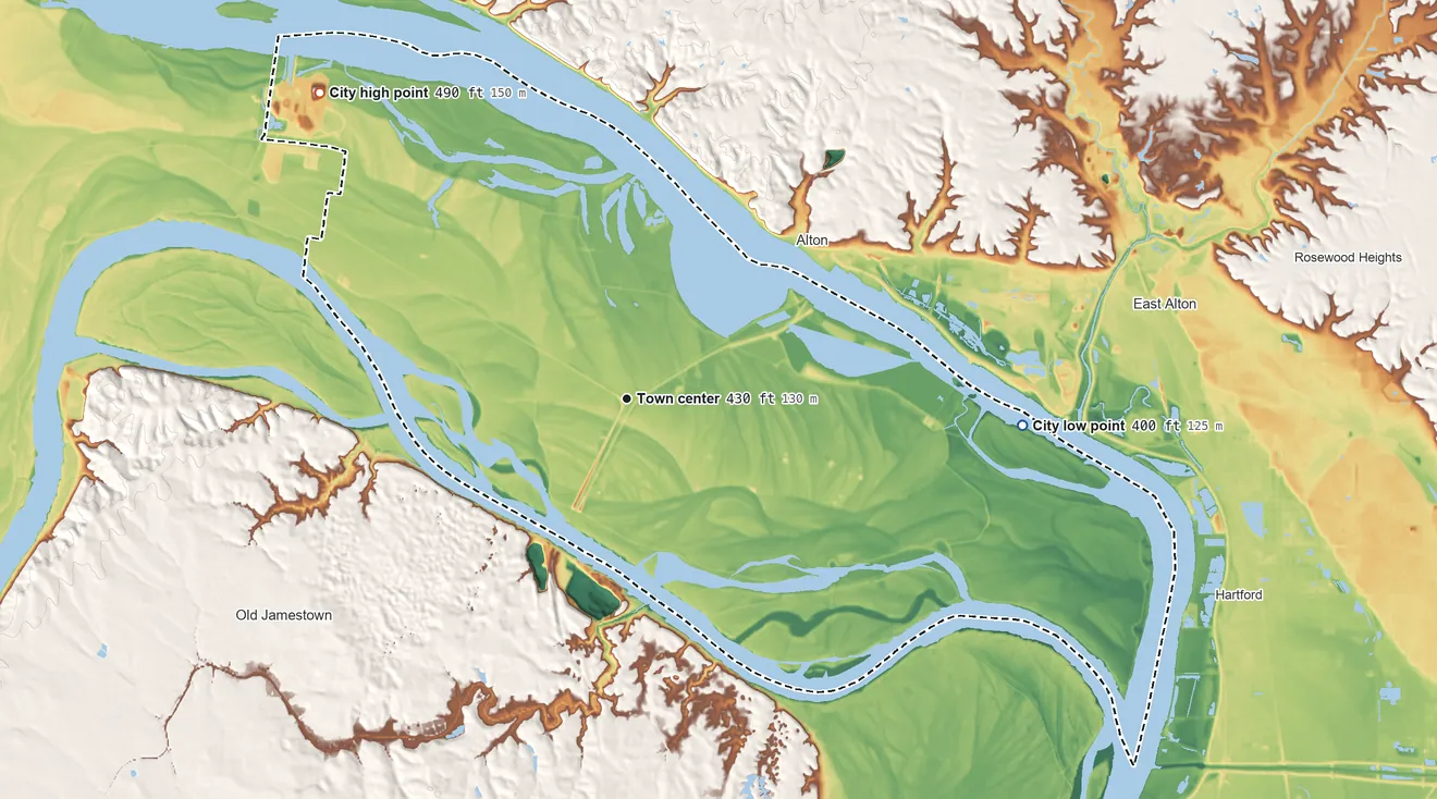 Topographic elevation map of West Alton, Missouri, shaded from 400 ft on the east side to 490 ft on the northwest side