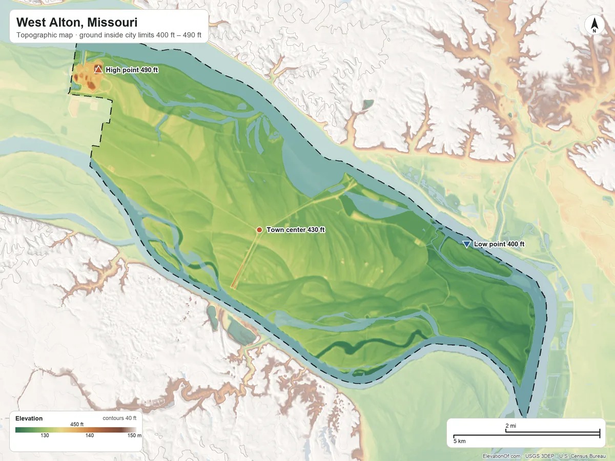 Topographic elevation map of West Alton, Missouri, shaded from 400 ft on the east side to 490 ft on the northwest side