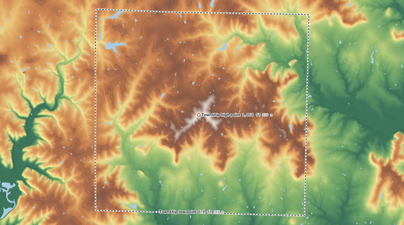Topographic elevation map of West Boone Township, Missouri, shaded from 870 ft on the south side to 1,060 ft on the southeast side