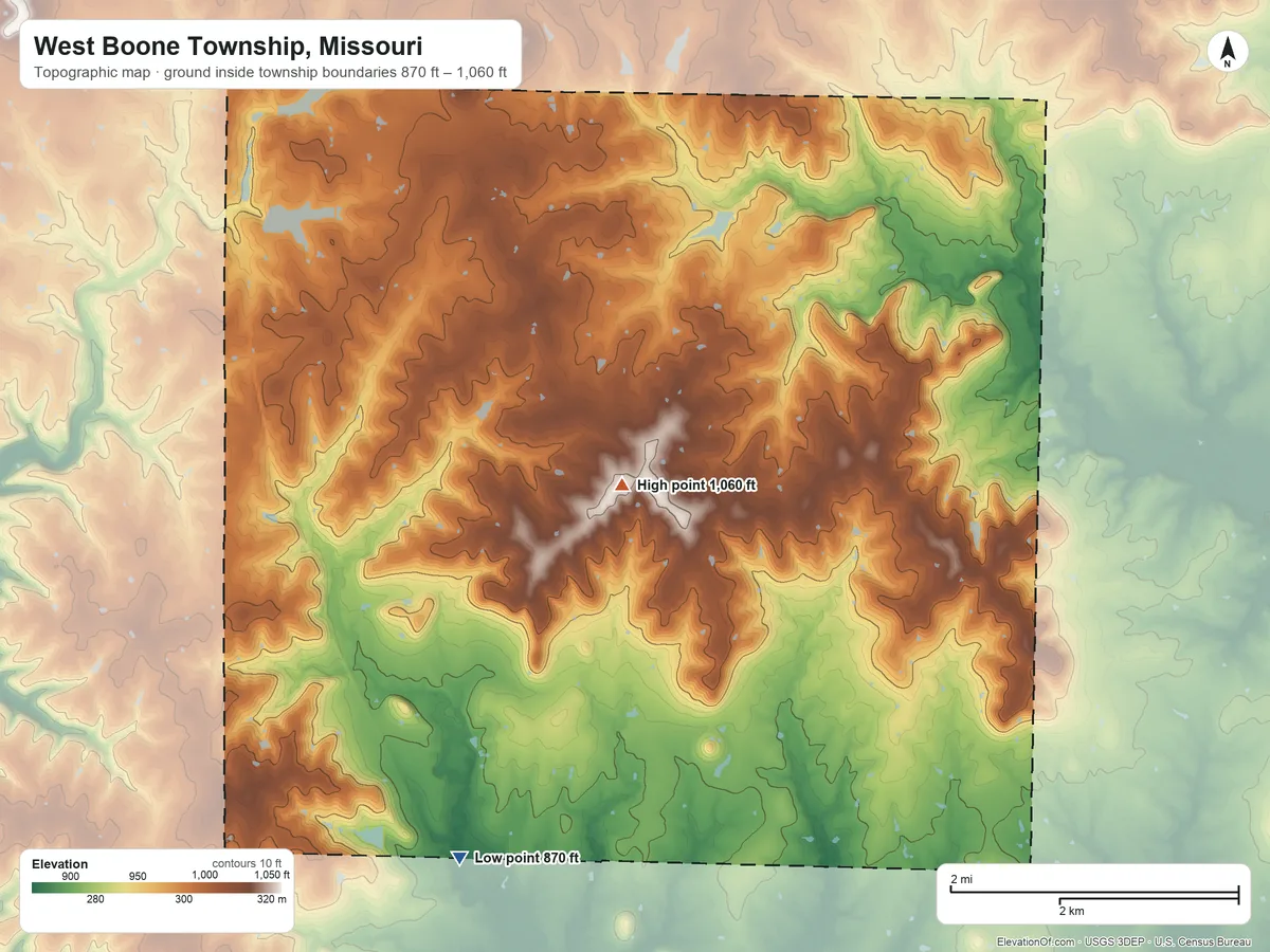 Topographic elevation map of West Boone Township, Missouri, shaded from 870 ft on the south side to 1,060 ft on the southeast side