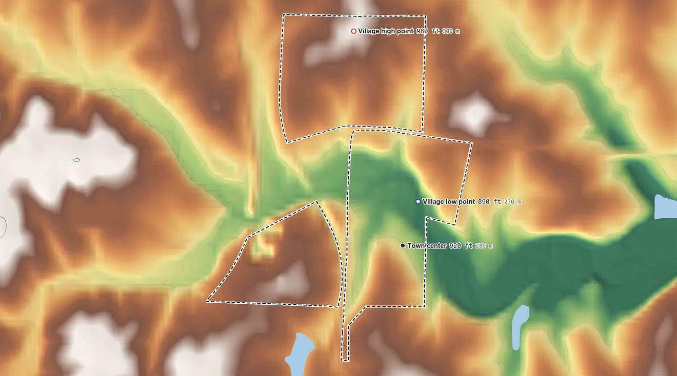Topographic elevation map of West Line, Missouri, shaded from 890 ft on the north side to 980 ft on the north side