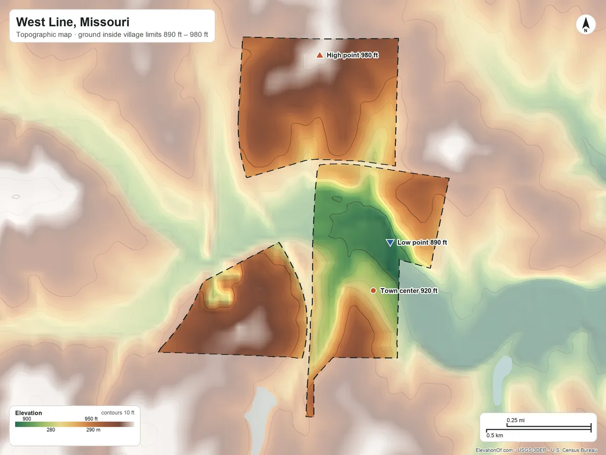 Topographic elevation map of West Line, Missouri, shaded from 890 ft on the north side to 980 ft on the north side