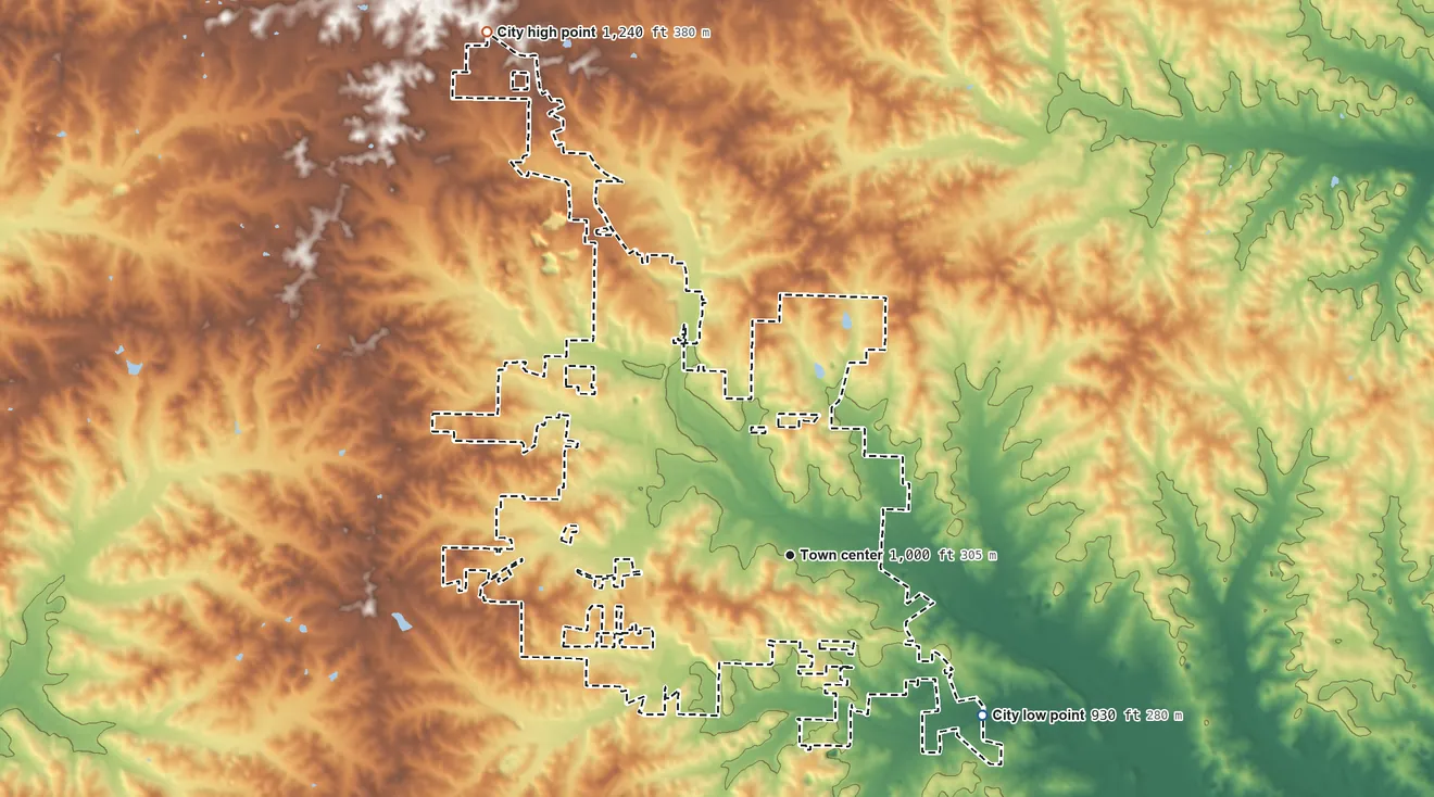 Topographic elevation map of West Plains, Missouri, shaded from 930 ft on the southeast side to 1,240 ft on the northwest side