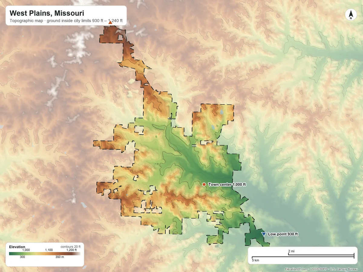 Topographic elevation map of West Plains, Missouri, shaded from 930 ft on the southeast side to 1,240 ft on the northwest side