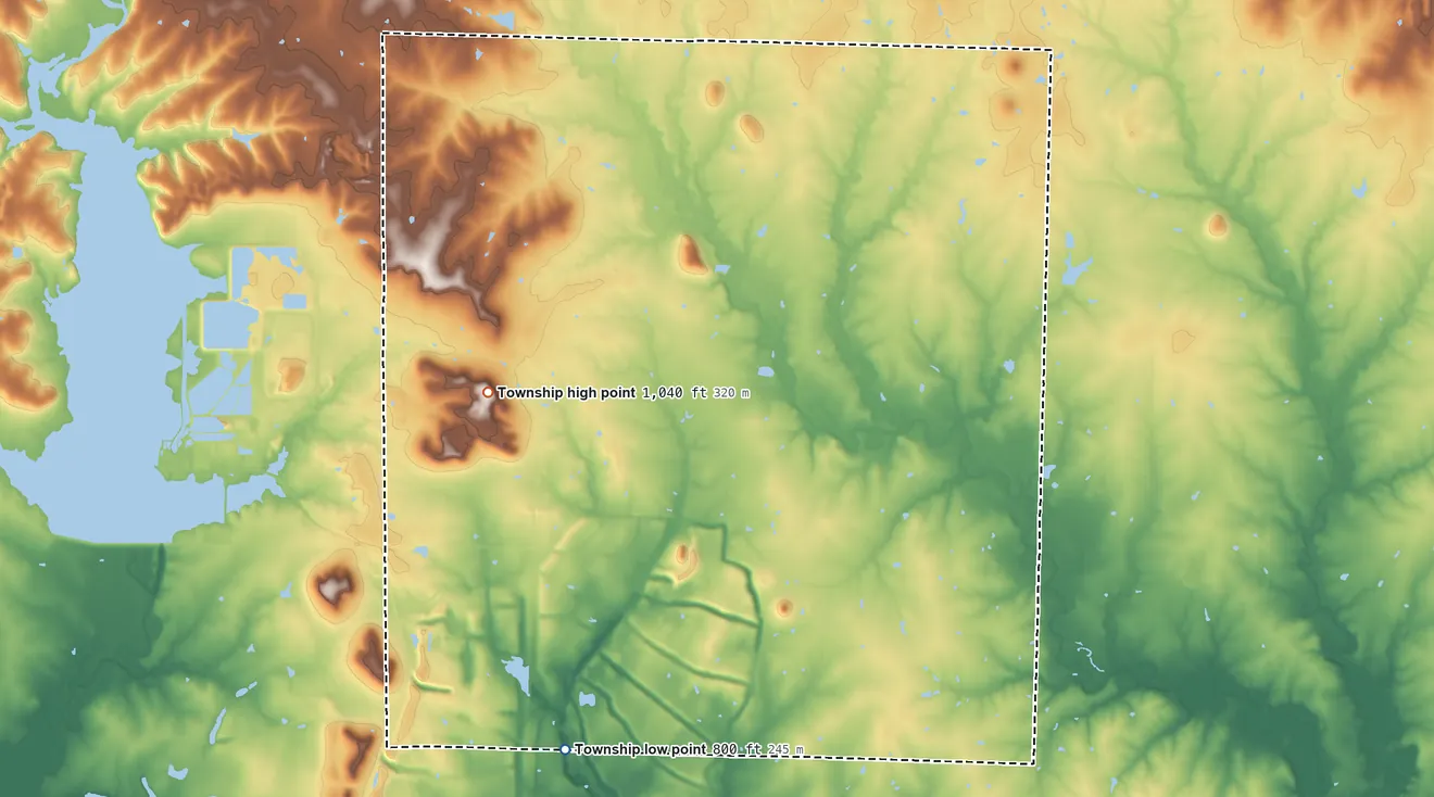 Topographic elevation map of West Point Township, Missouri, shaded from 800 ft on the south side to 1,040 ft on the southwest side