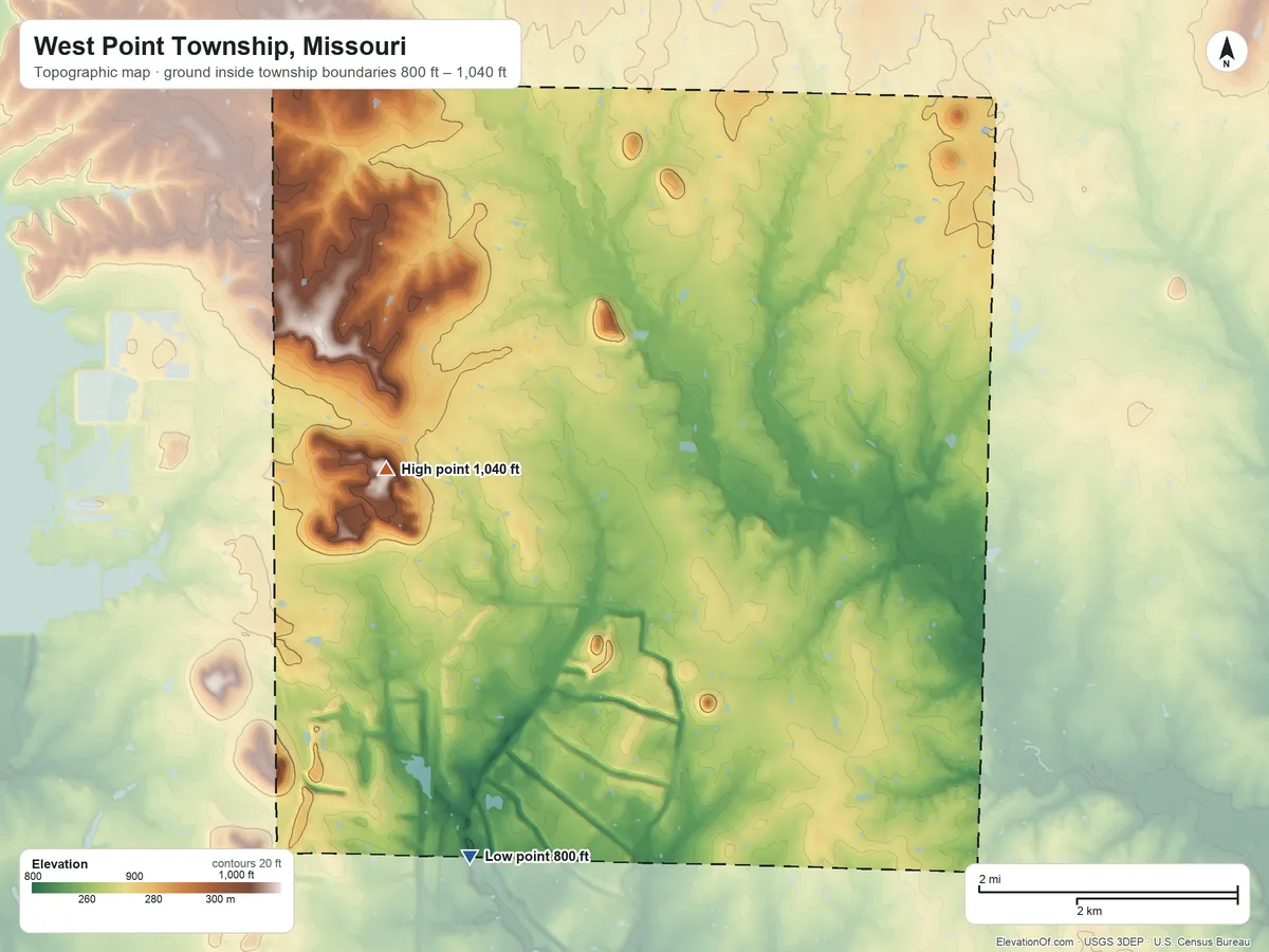 Topographic elevation map of West Point Township, Missouri, shaded from 800 ft on the south side to 1,040 ft on the southwest side