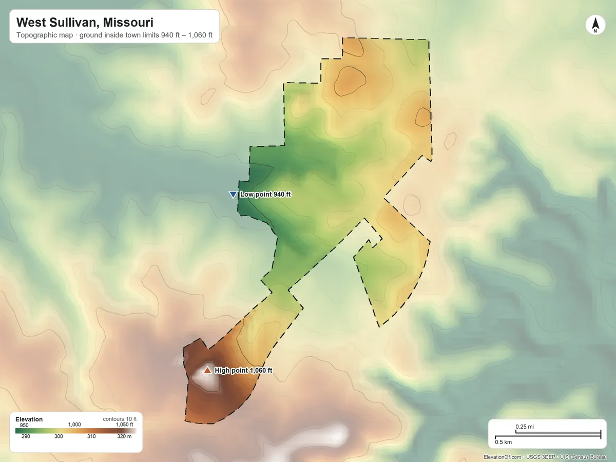 Topographic elevation map of West Sullivan, Missouri, shaded from 940 ft on the southwest side to 1,060 ft on the southwest side