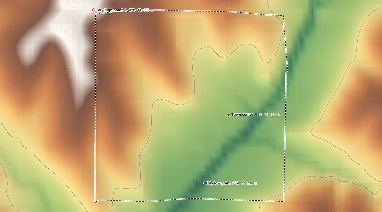 Topographic elevation map of Westboro, Missouri, shaded from 960 ft on the south side to 1,070 ft on the northwest side