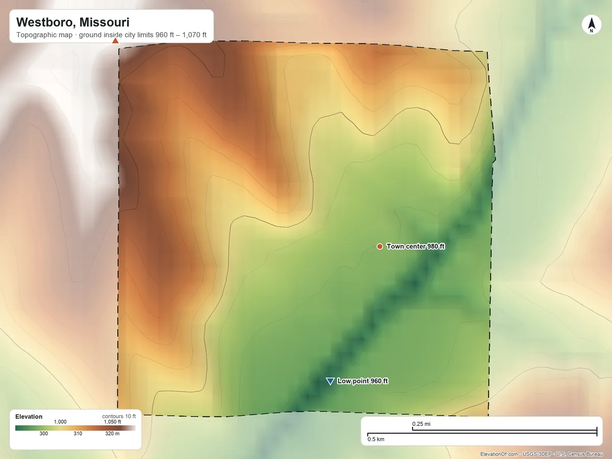 Topographic elevation map of Westboro, Missouri, shaded from 960 ft on the south side to 1,070 ft on the northwest side