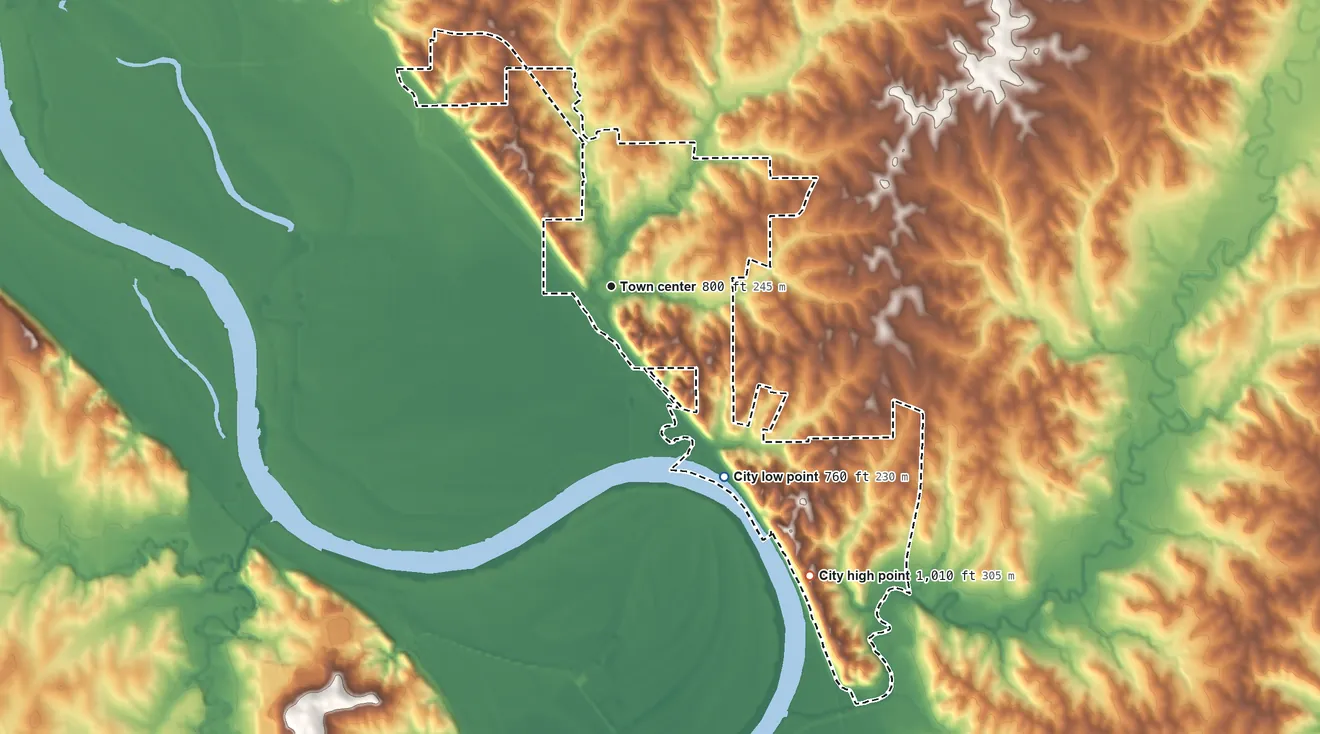 Topographic elevation map of Weston, Missouri, shaded from 760 ft on the southeast side to 1,010 ft on the southeast side
