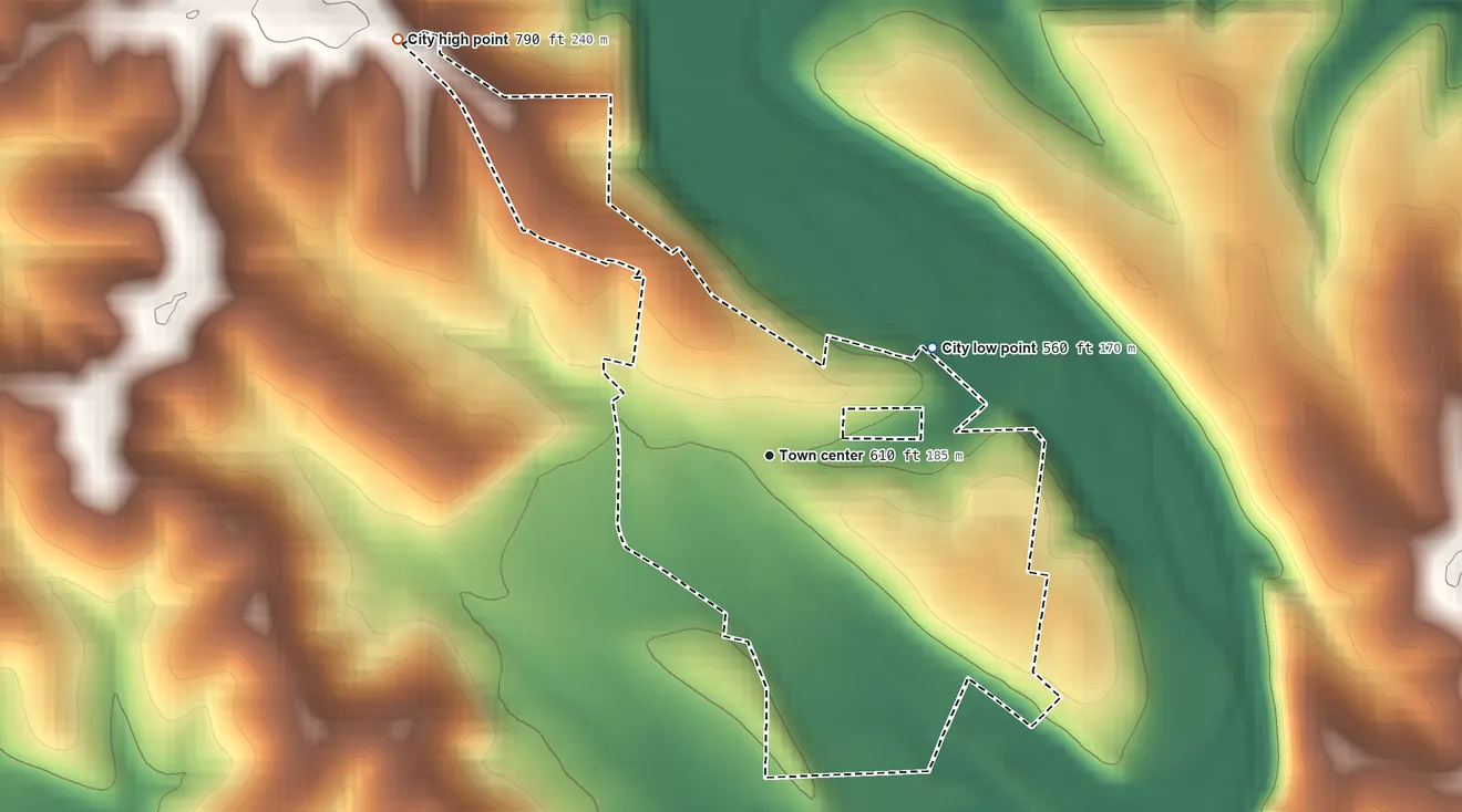 Topographic elevation map of Westphalia, Missouri, shaded from 560 ft on the northeast side to 790 ft on the northwest side