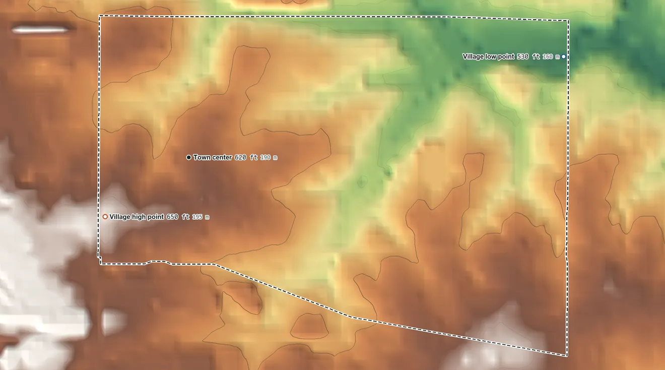 Topographic elevation map of Westwood, Missouri, shaded from 530 ft on the east side to 650 ft on the southwest side