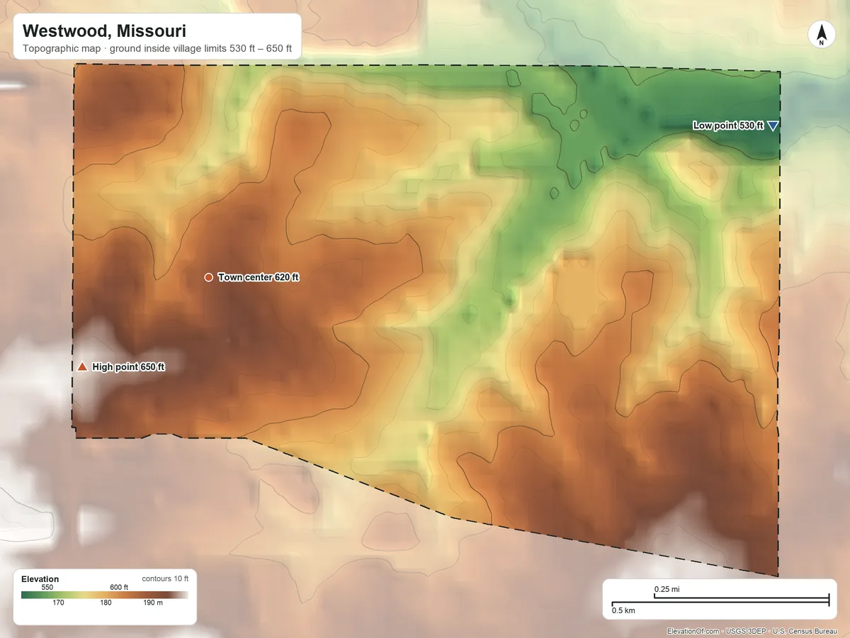 Topographic elevation map of Westwood, Missouri, shaded from 530 ft on the east side to 650 ft on the southwest side