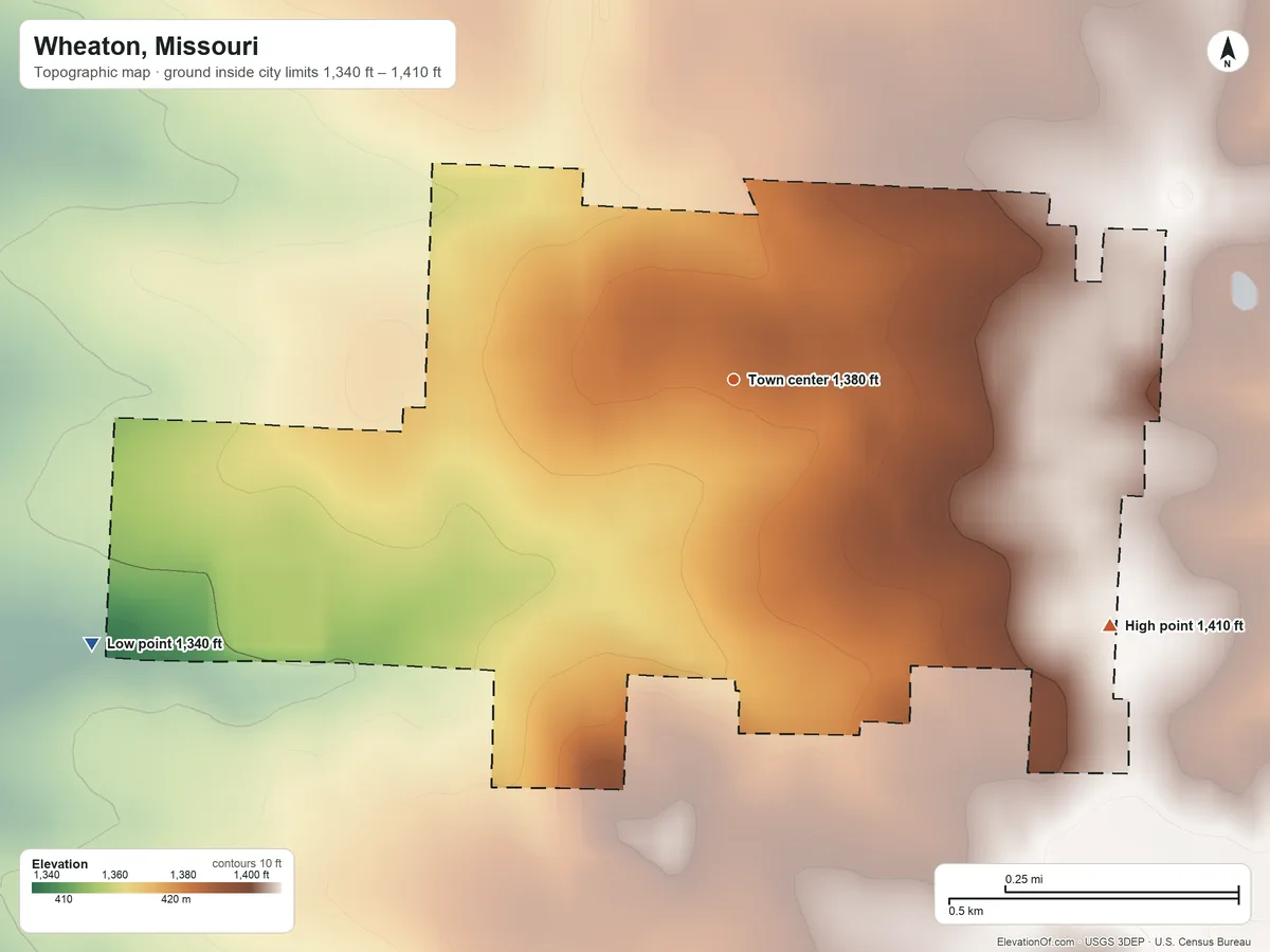 Topographic elevation map of Wheaton, Missouri, shaded from 1,340 ft on the west side to 1,410 ft on the southeast side