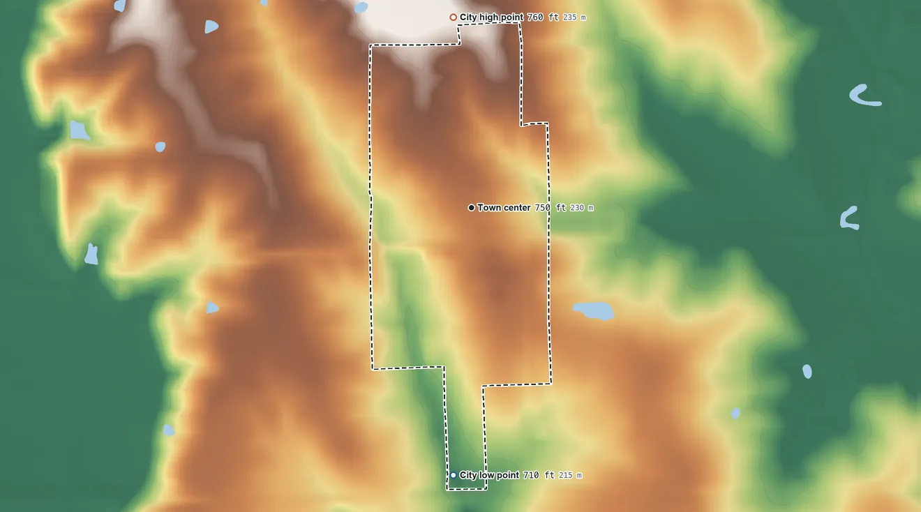 Topographic elevation map of Wheeling, Missouri, shaded from 710 ft on the south side to 760 ft on the north side