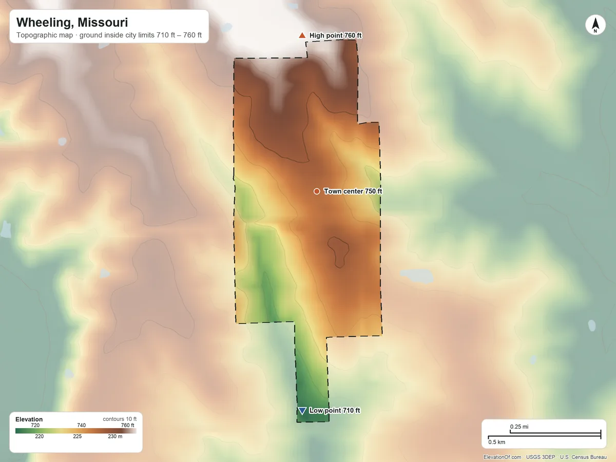 Topographic elevation map of Wheeling, Missouri, shaded from 710 ft on the south side to 760 ft on the north side