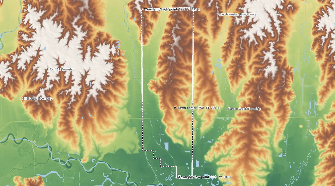 Topographic elevation map of Wheeling Township, Missouri, shaded from 660 ft on the south side to 800 ft on the north side