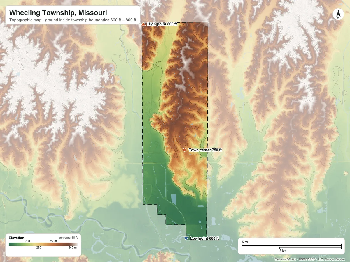 Topographic elevation map of Wheeling Township, Missouri, shaded from 660 ft on the south side to 800 ft on the north side