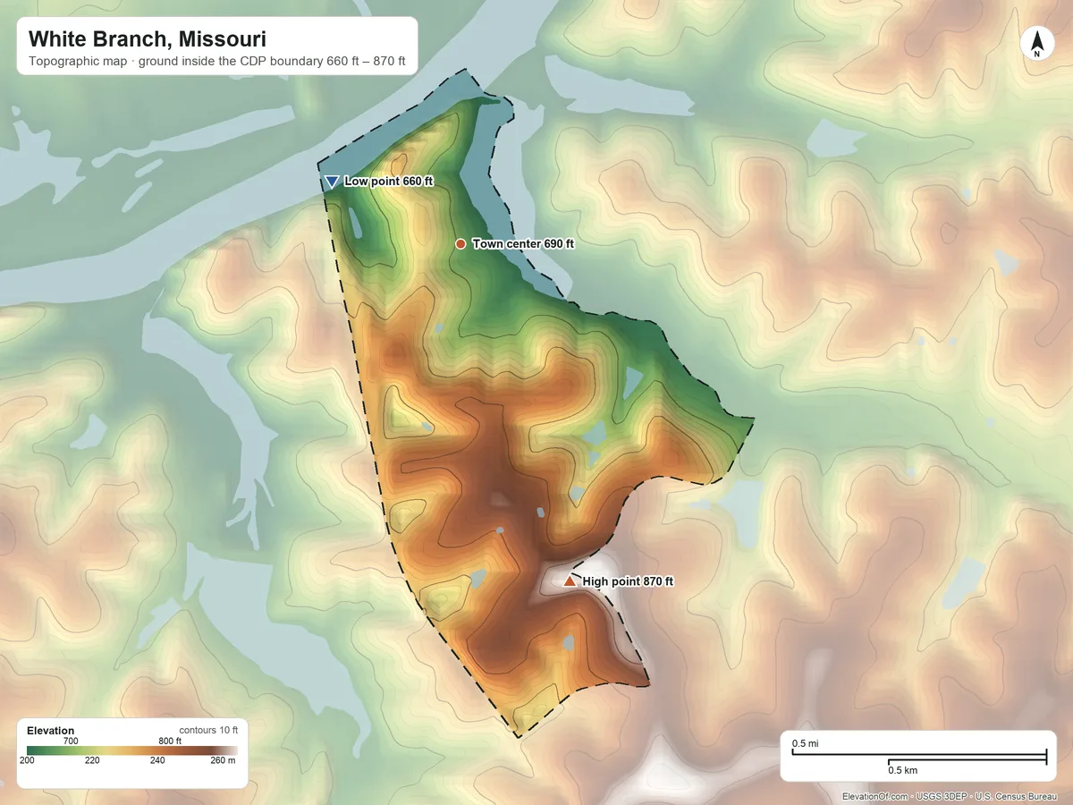 Topographic elevation map of White Branch, Missouri, shaded from 660 ft on the northwest side to 870 ft on the south side