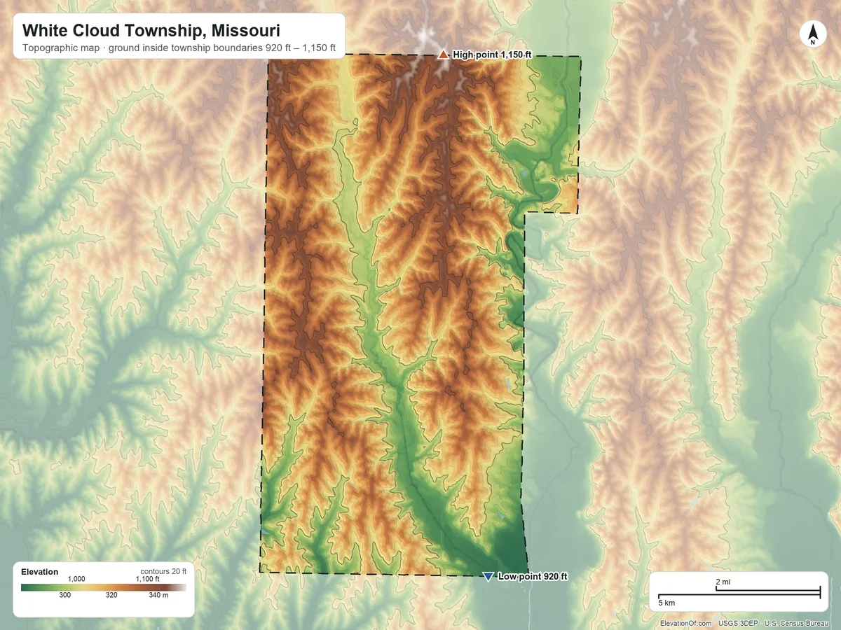 Topographic elevation map of White Cloud Township, Missouri, shaded from 920 ft on the south side to 1,150 ft on the north side
