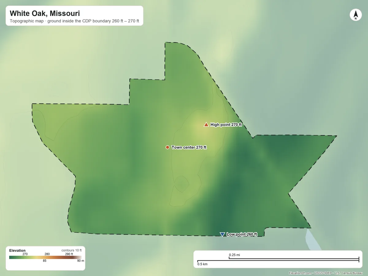 Topographic elevation map of White Oak, Missouri, shaded from 260 ft on the southeast side to 270 ft on the northeast side