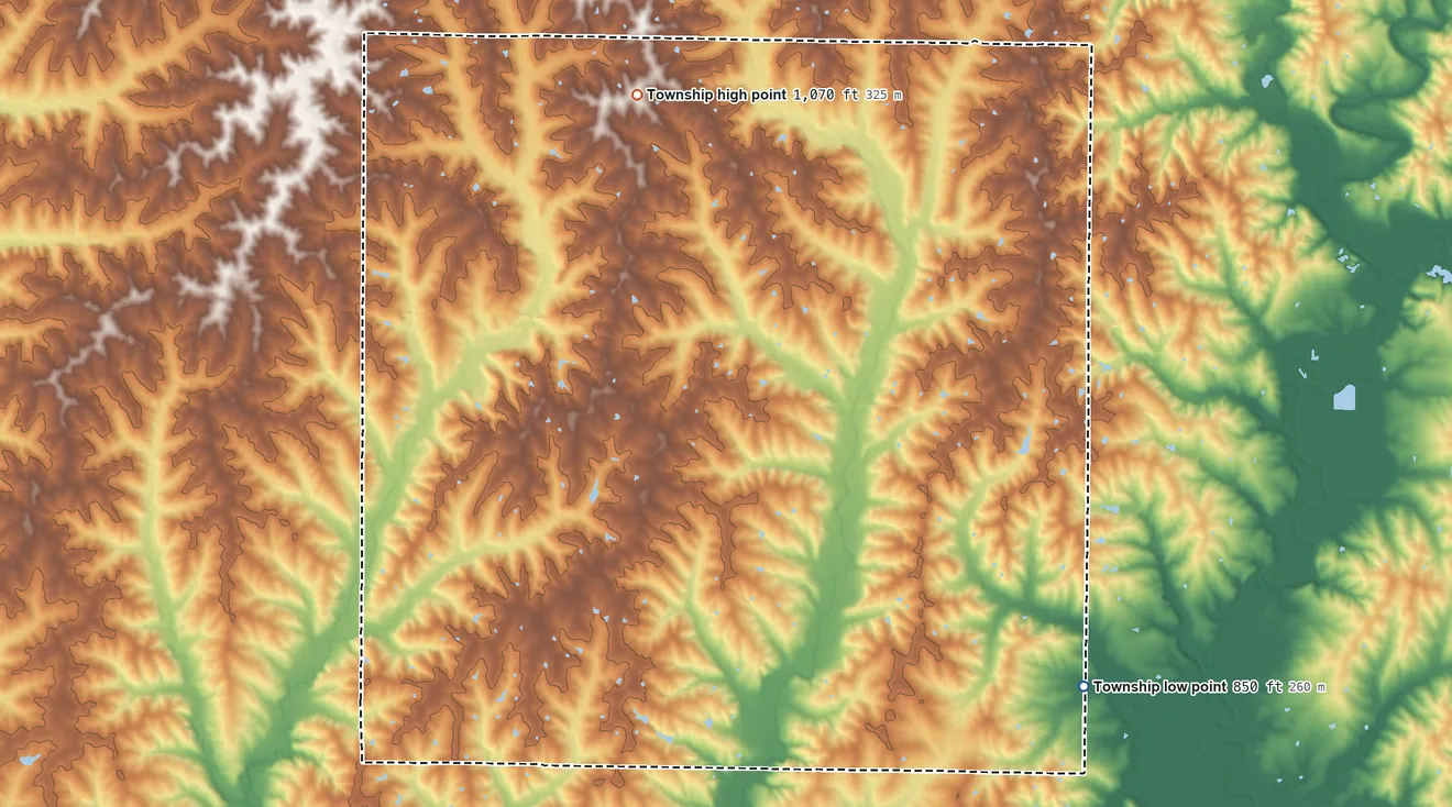 Topographic elevation map of White Oak Township, Harrison County, Missouri, shaded from 850 ft on the southeast side to 1,070 ft on the north side