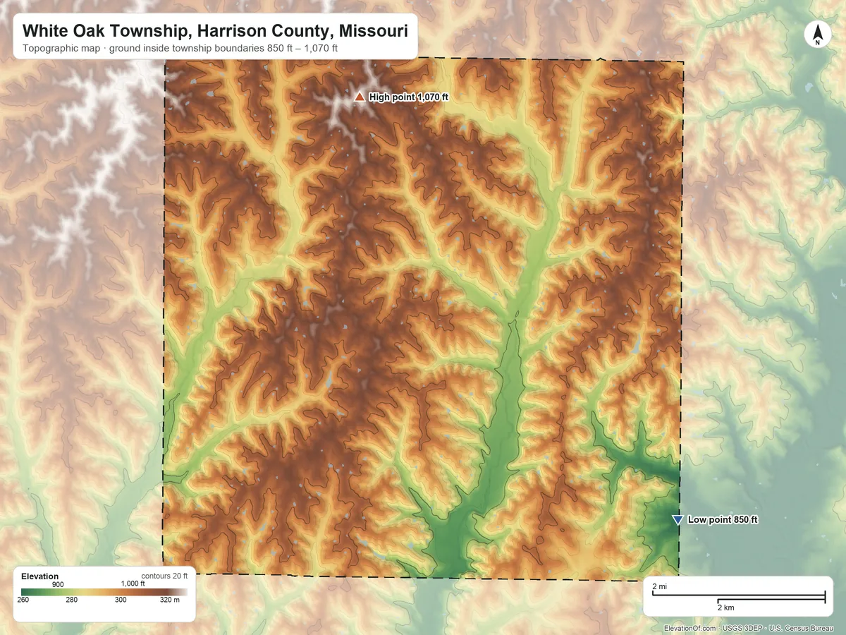 Topographic elevation map of White Oak Township, Harrison County, Missouri, shaded from 850 ft on the southeast side to 1,070 ft on the north side