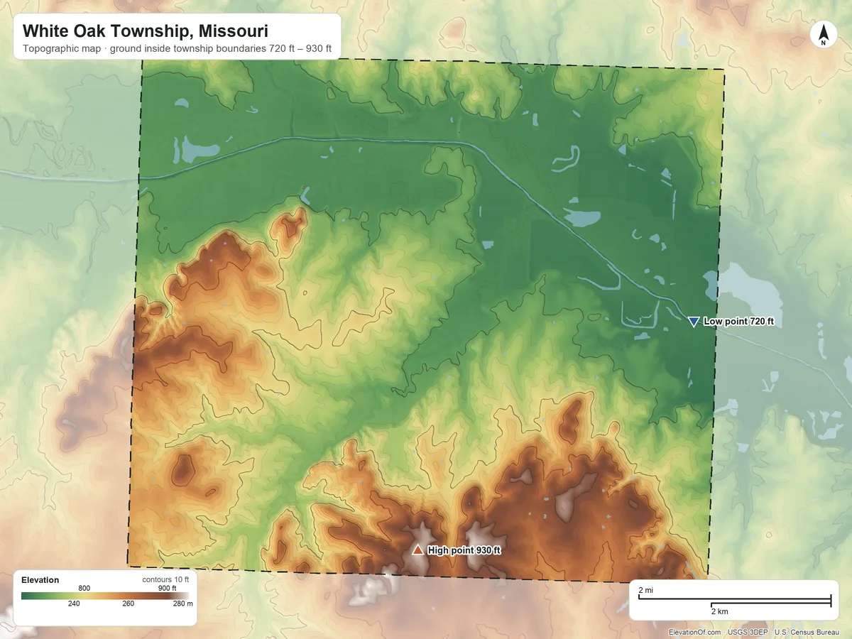 Topographic elevation map of White Oak Township, Missouri, shaded from 720 ft on the southeast side to 930 ft on the south side