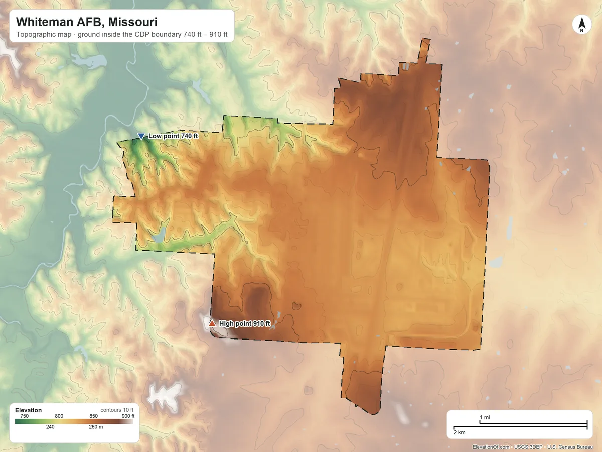 Topographic elevation map of Whiteman AFB, Missouri, shaded from 740 ft on the northwest side to 910 ft on the southwest side