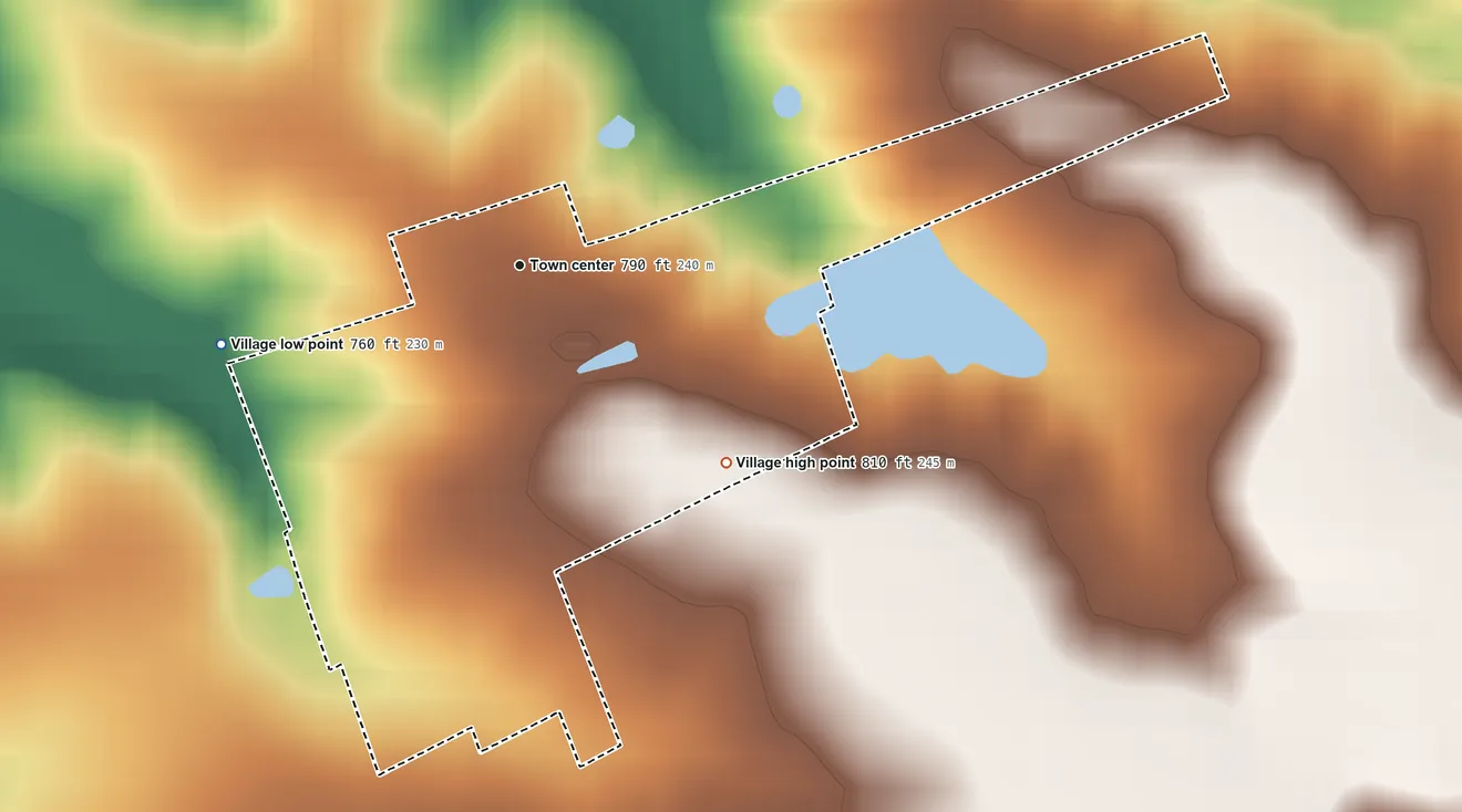 Topographic elevation map of Whiteside, Missouri, shaded from 760 ft on the west side to 810 ft on the southeast side