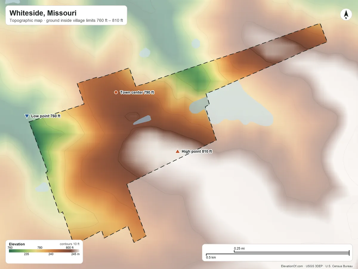 Topographic elevation map of Whiteside, Missouri, shaded from 760 ft on the west side to 810 ft on the southeast side