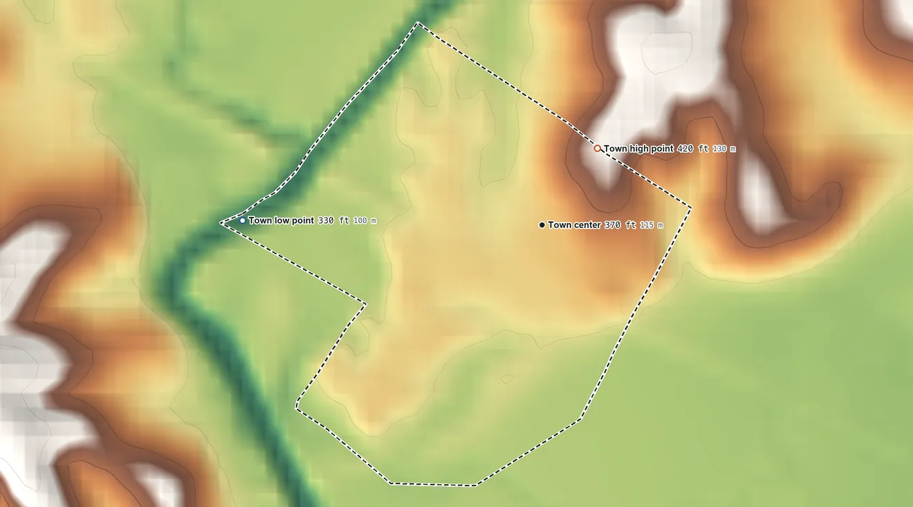 Topographic elevation map of Whitewater, Missouri, shaded from 330 ft on the west side to 420 ft on the northeast side