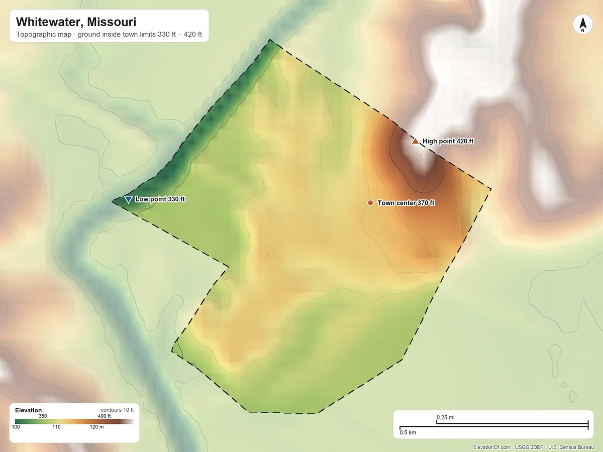 Topographic elevation map of Whitewater, Missouri, shaded from 330 ft on the west side to 420 ft on the northeast side