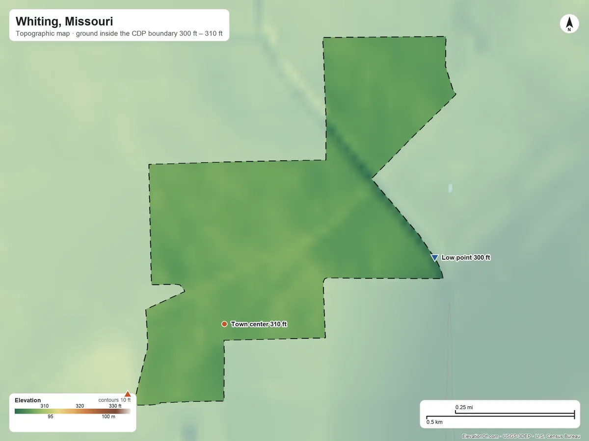 Topographic elevation map of Whiting, Missouri, shaded from 300 ft on the east side to 310 ft on the southwest side