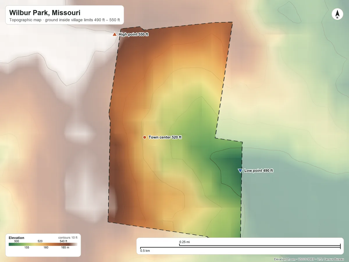 Topographic elevation map of Wilbur Park, Missouri, shaded from 490 ft on the east side to 550 ft on the north side