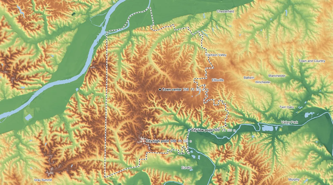 Topographic elevation map of Wildwood, Missouri, shaded from 400 ft on the southeast side to 900 ft on the south side