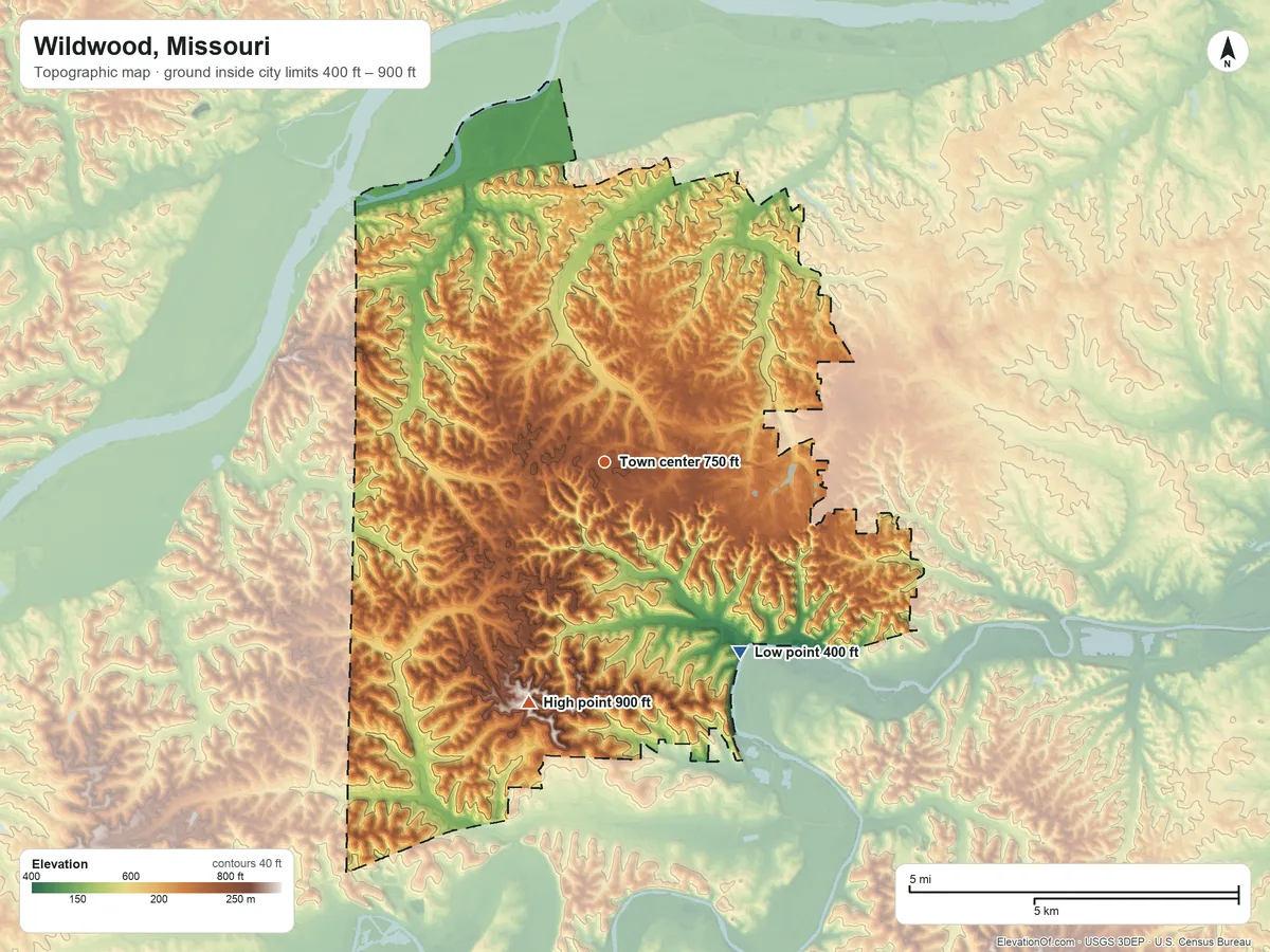 Topographic elevation map of Wildwood, Missouri, shaded from 400 ft on the southeast side to 900 ft on the south side