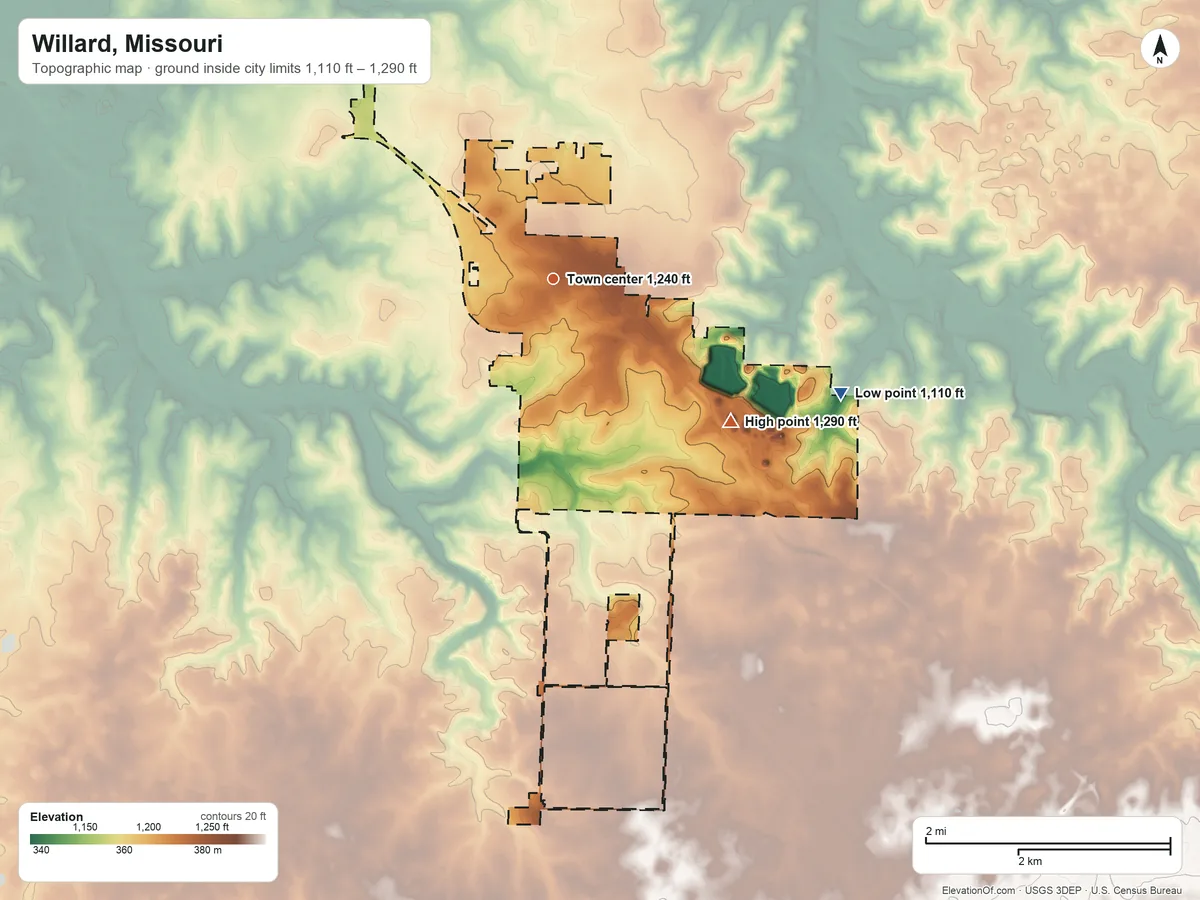 Topographic elevation map of Willard, Missouri, shaded from 1,110 ft on the east side to 1,290 ft on the southeast side