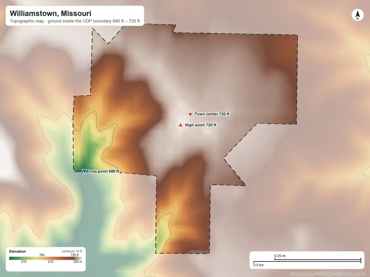 Topographic elevation map of Williamstown, Missouri, shaded from 680 ft on the southwest side to 720 ft near the middle