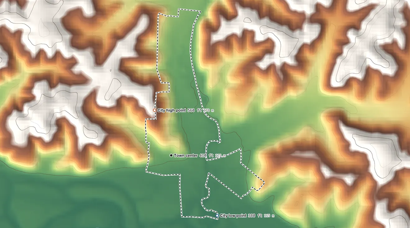 Topographic elevation map of Williamsville, Missouri, shaded from 380 ft on the southeast side to 560 ft on the north side