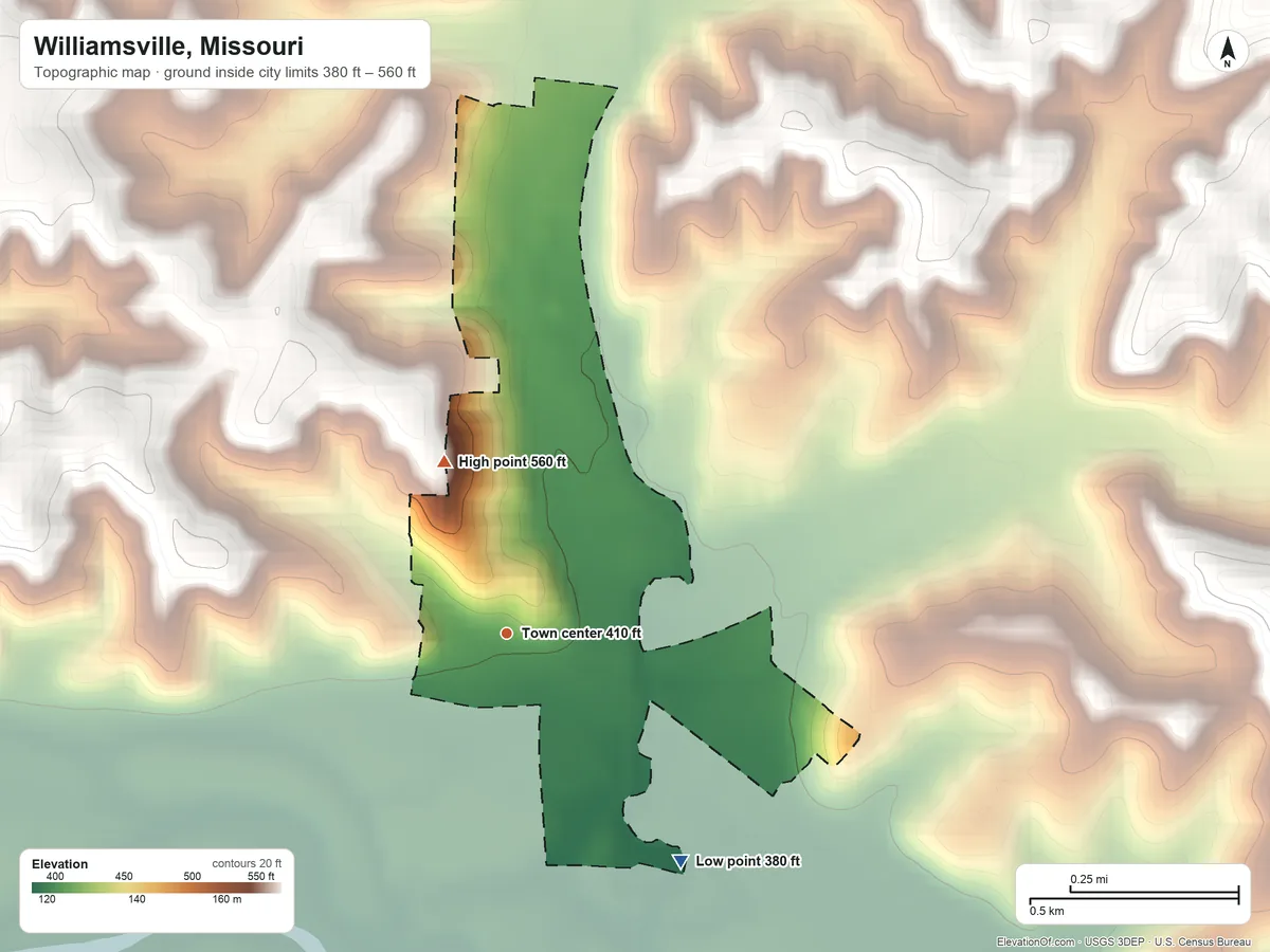 Topographic elevation map of Williamsville, Missouri, shaded from 380 ft on the southeast side to 560 ft on the north side