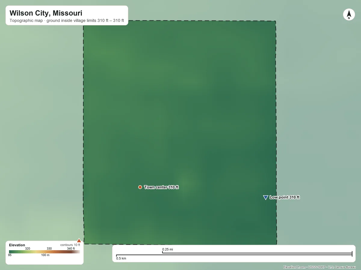 Topographic elevation map of Wilson City, Missouri, shaded from 310 ft on the east side to 310 ft on the southwest side