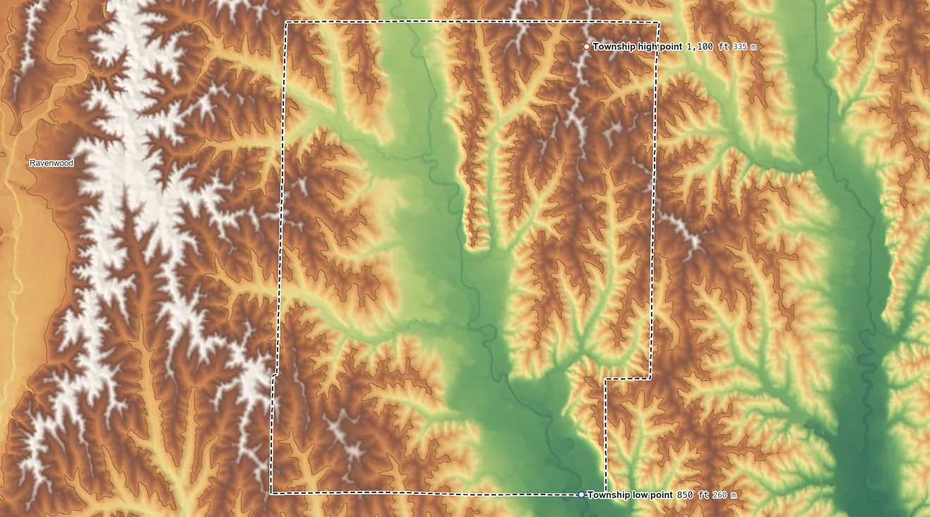 Topographic elevation map of Wilson Township, Gentry County, Missouri, shaded from 850 ft on the southeast side to 1,100 ft on the northeast side