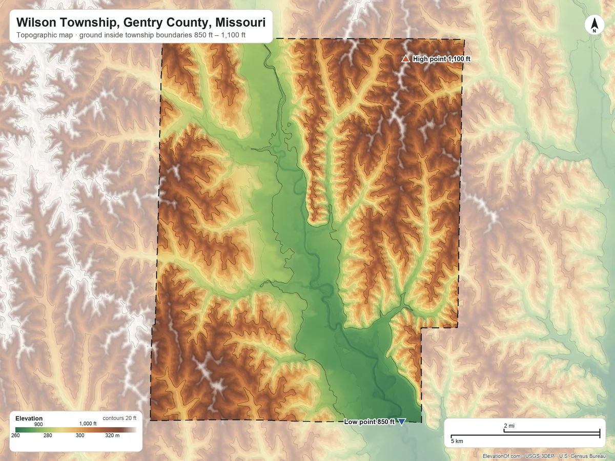 Topographic elevation map of Wilson Township, Gentry County, Missouri, shaded from 850 ft on the southeast side to 1,100 ft on the northeast side