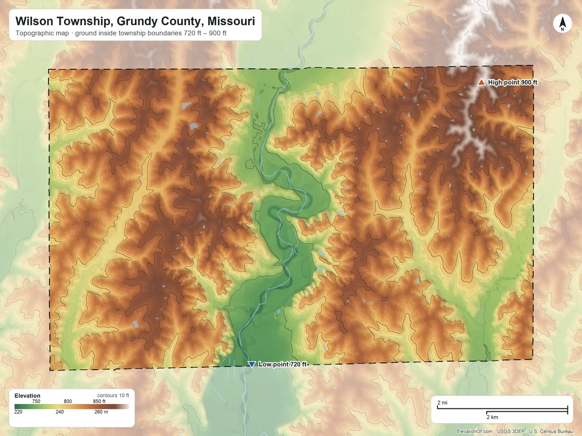 Topographic elevation map of Wilson Township, Grundy County, Missouri, shaded from 720 ft on the south side to 900 ft on the east side
