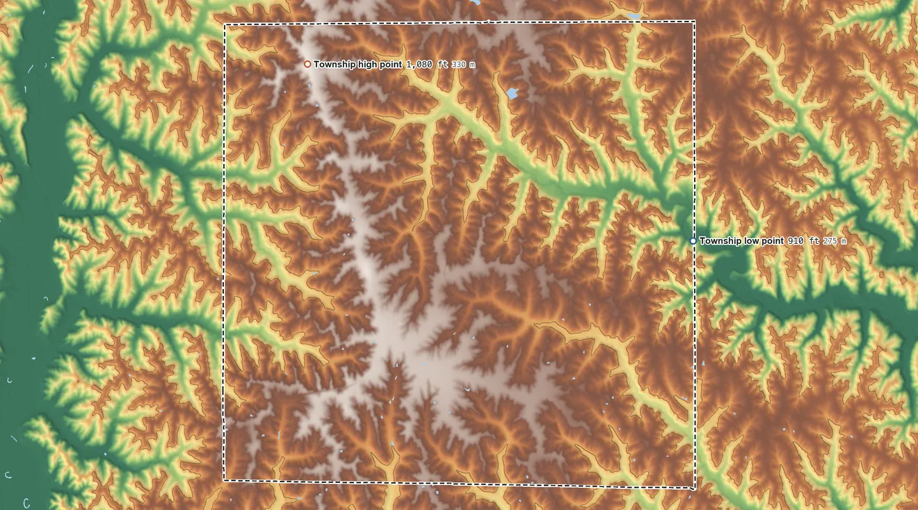 Topographic elevation map of Wilson Township, Missouri, shaded from 910 ft on the east side to 1,080 ft on the northwest side