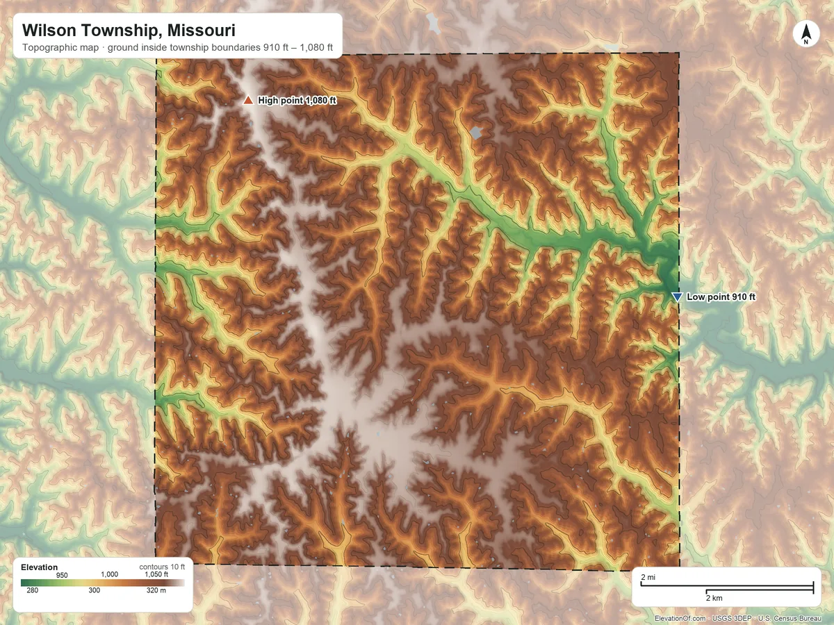 Topographic elevation map of Wilson Township, Missouri, shaded from 910 ft on the east side to 1,080 ft on the northwest side