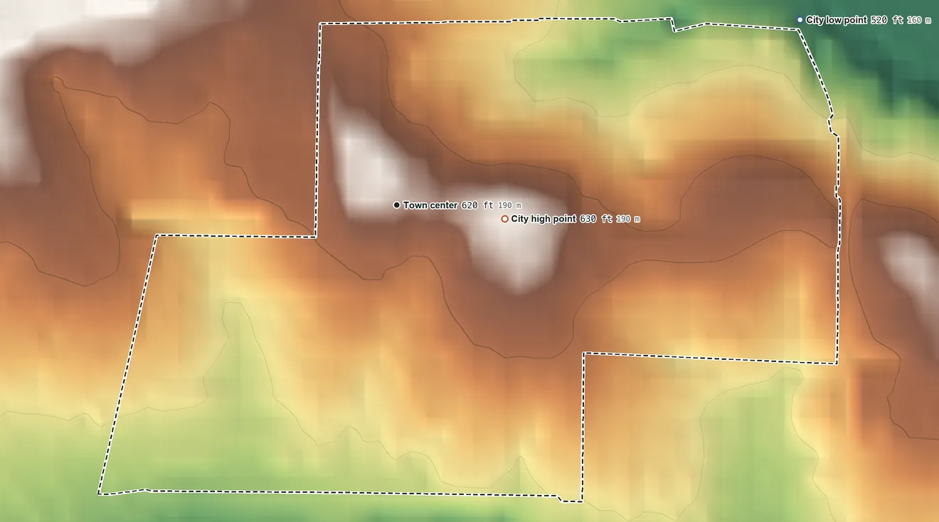 Topographic elevation map of Winchester, Missouri, shaded from 520 ft on the northeast side to 630 ft on the east side