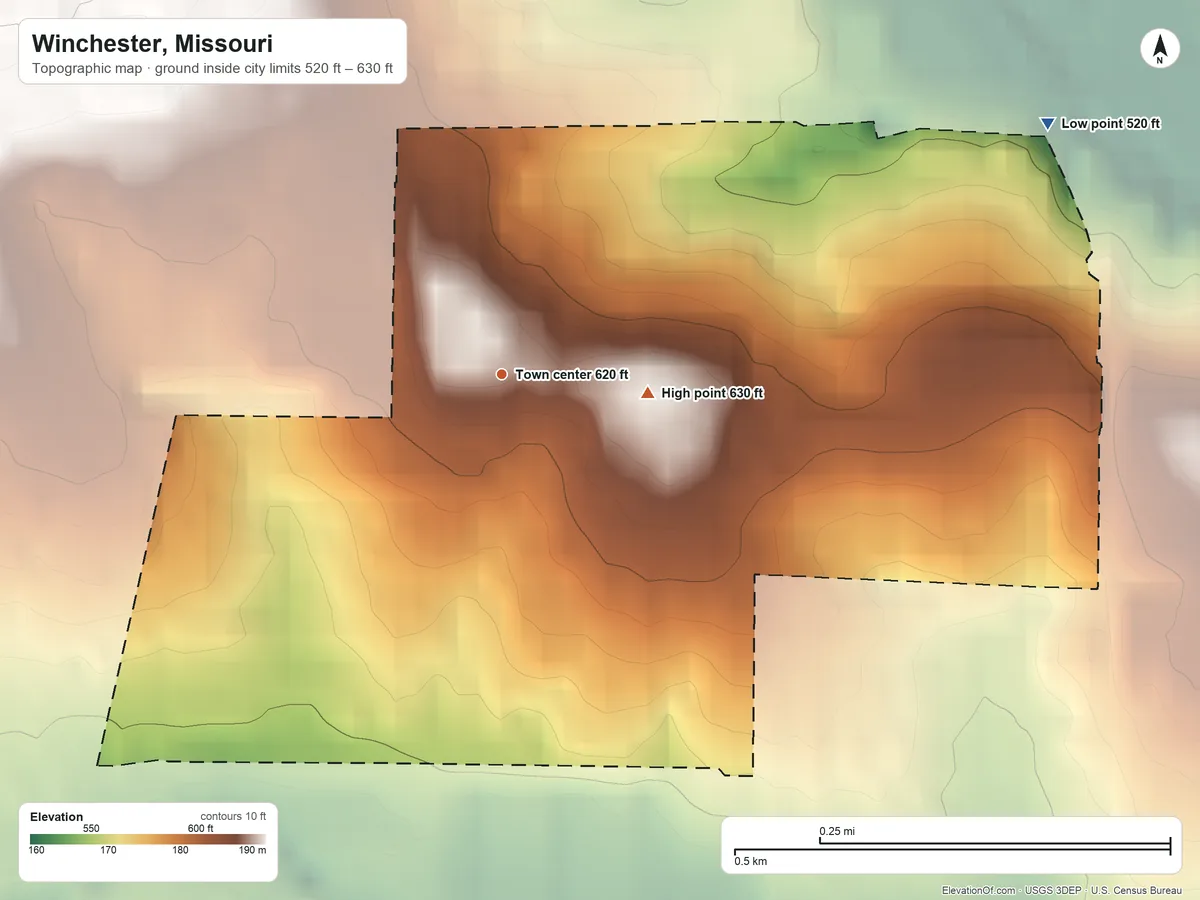 Topographic elevation map of Winchester, Missouri, shaded from 520 ft on the northeast side to 630 ft on the east side
