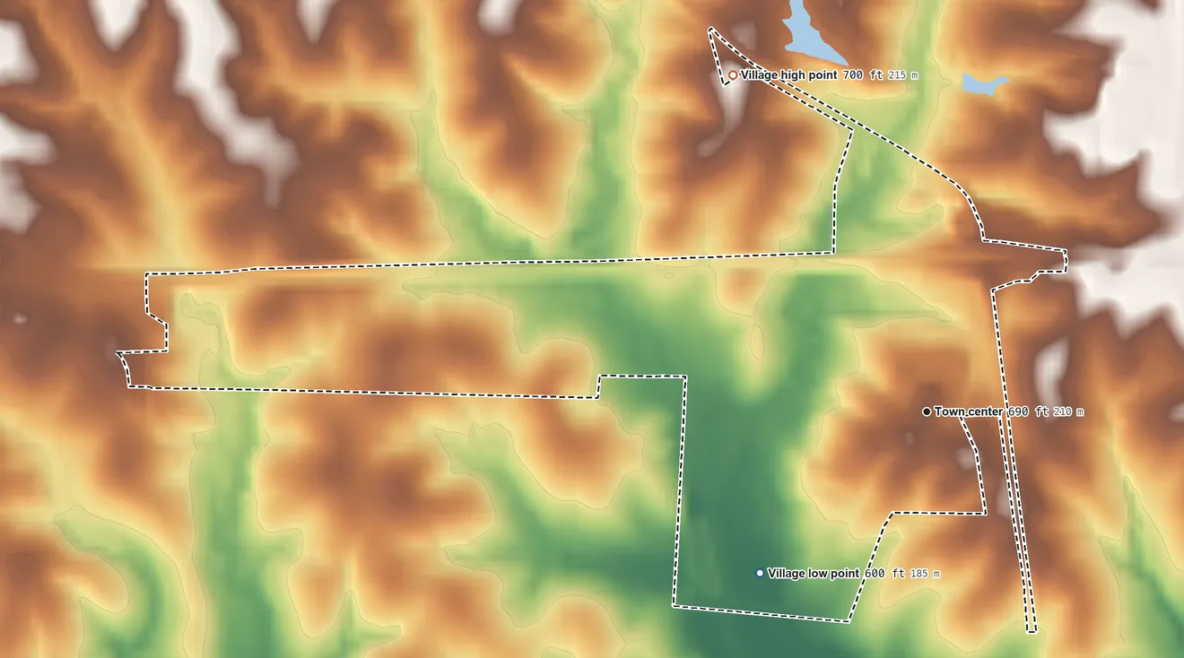Topographic elevation map of Windsor Place, Missouri, shaded from 600 ft on the southwest side to 700 ft on the northwest side